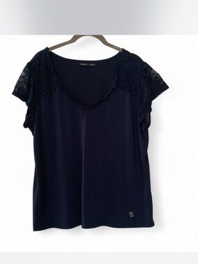 Coquette Adrienne Vittadini Navy Lace Sleeve Scoop Neck Top XL